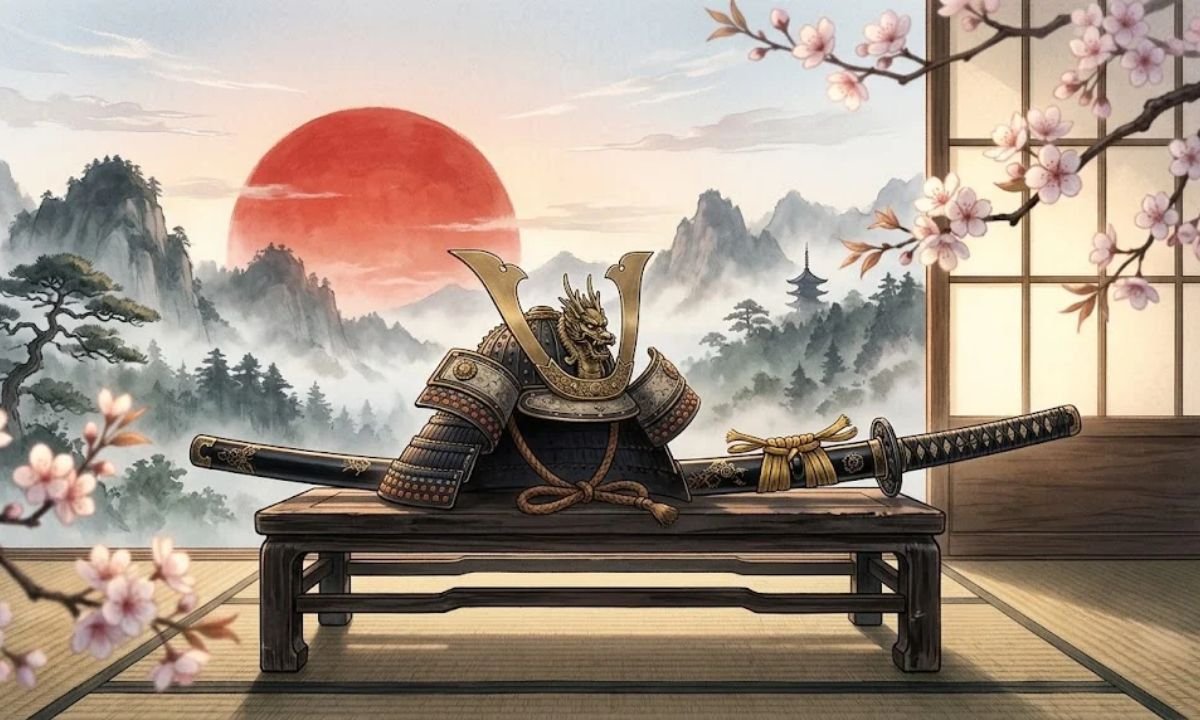 Japanese names that mean warrior shown with a samurai helmet and katana