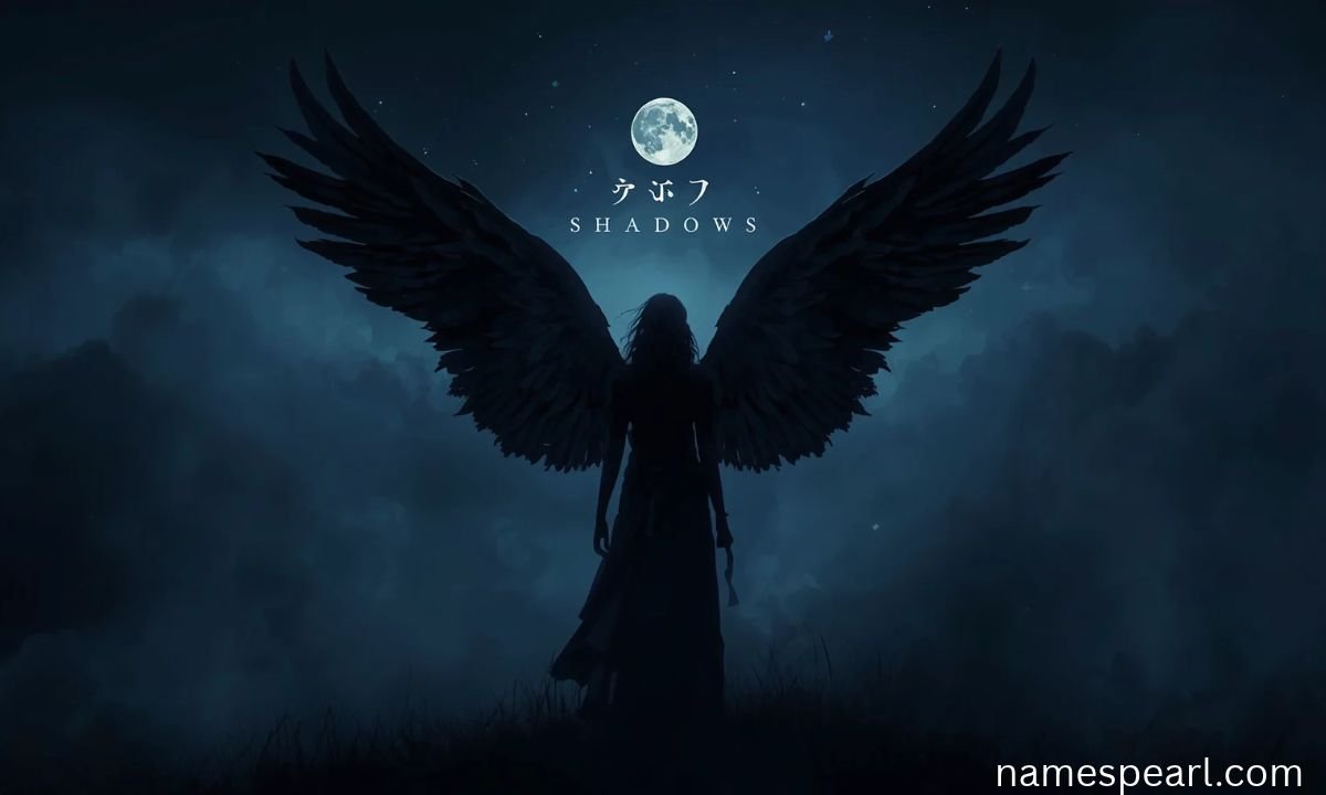 Dark angel names represented by mysterious wings, moonlight, and celestial shadows