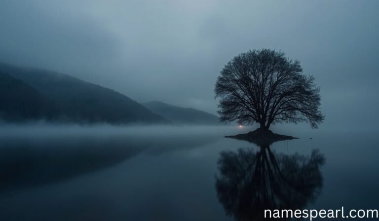 Names that mean lonely, inspired by a solitary tree beside a misty lake