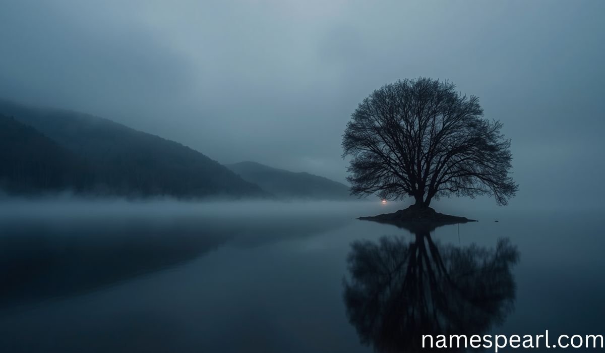 Names that mean lonely, inspired by a solitary tree beside a misty lake