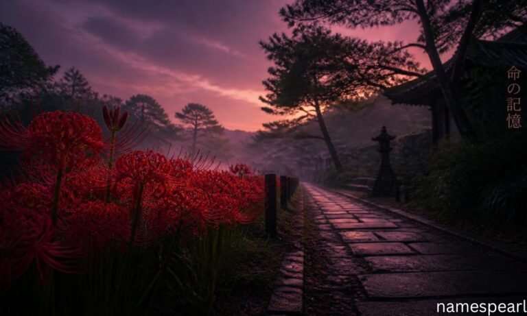 Japanese names associated with death inspired by red higanbana flowers and a misty Japanese path.