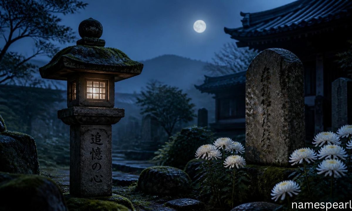 Japanese names associated with death inspired by a peaceful memorial garden and traditional stone lantern.
