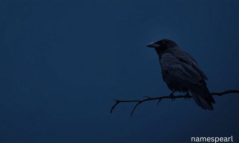 Black raven on a branch at dusk representing names that mean crow or raven