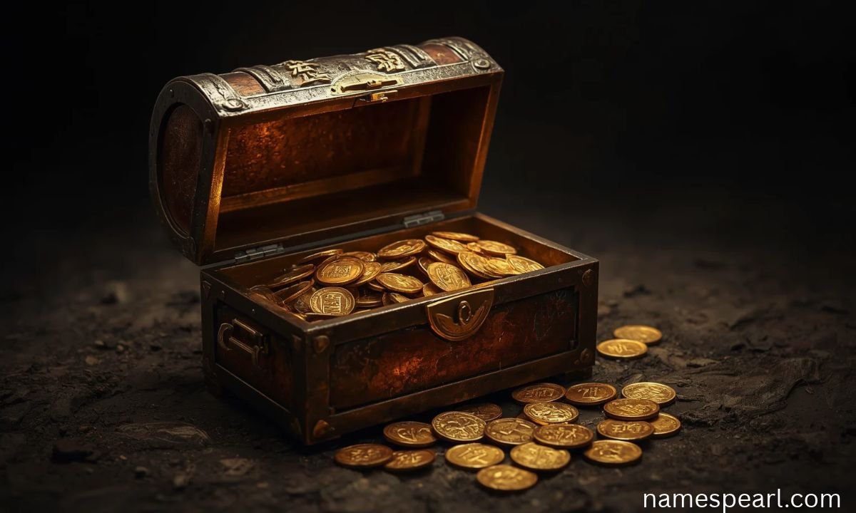 Names that mean money and treasure represented by ancient coins and golden riches
