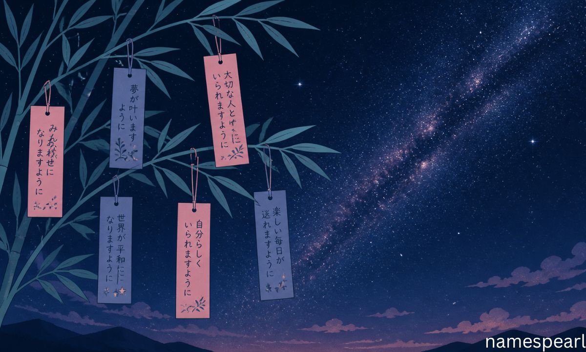 Tanabata wish strips beneath the Milky Way, linked to Japanese star names Orihime and Hikoboshi