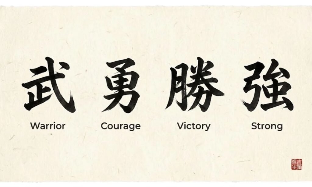 Four kanji used in Japanese warrior names: warrior, courage, victory, strong